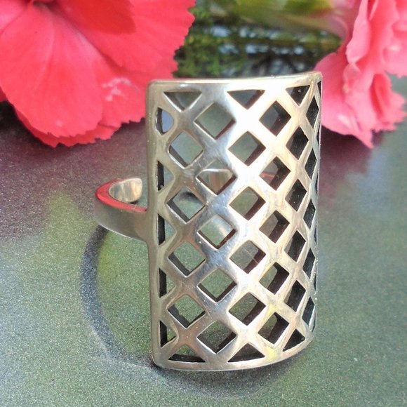 Studio JAndrel Jewelry - Big Bold Adjustable 925 Sterling Silver Geometric Rectangular Lattice Mesh Ring